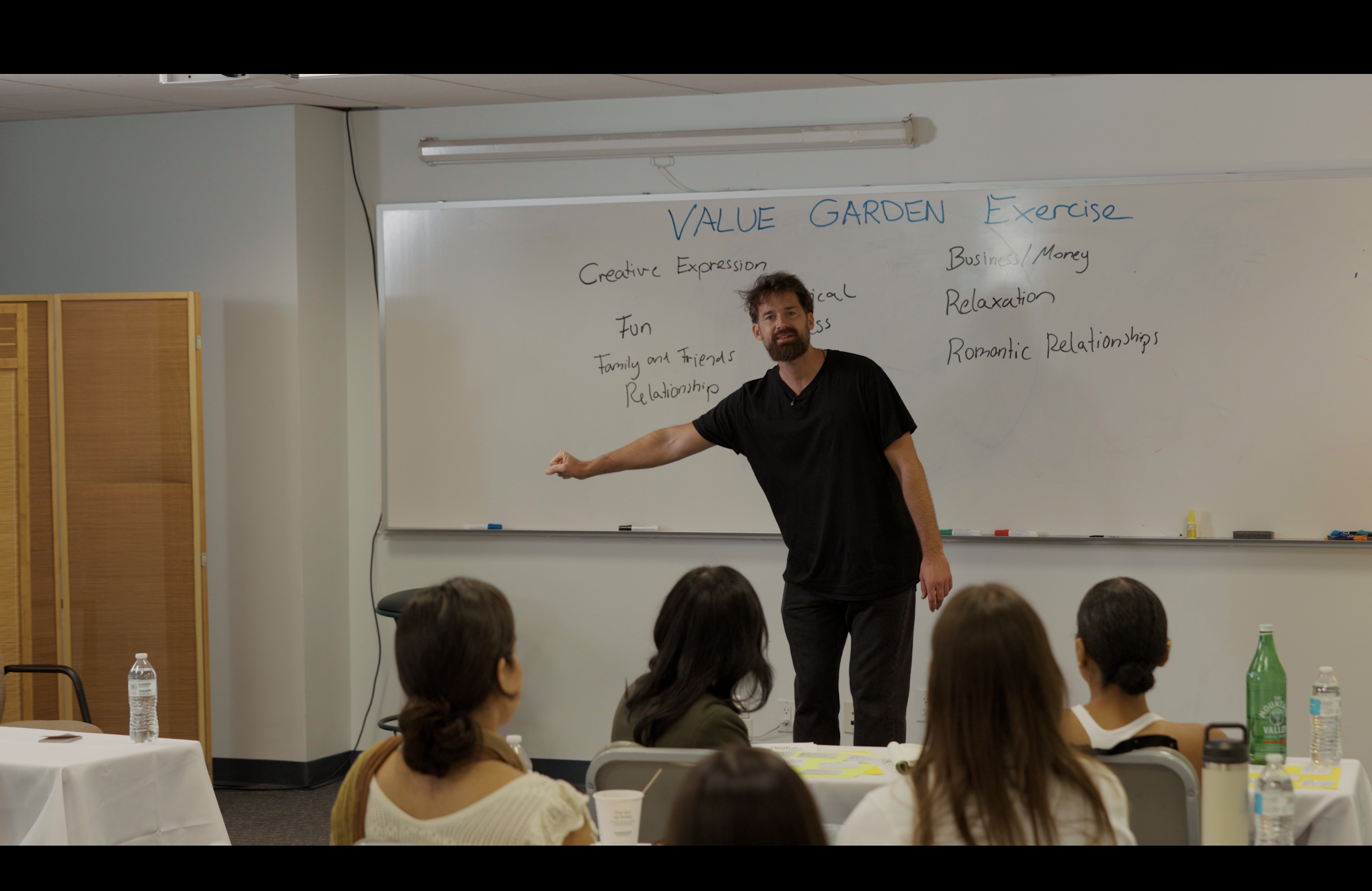 Star Jesse Taylor speaking at the LA workshop, teaching the Value Garden exercise in front of a classroom